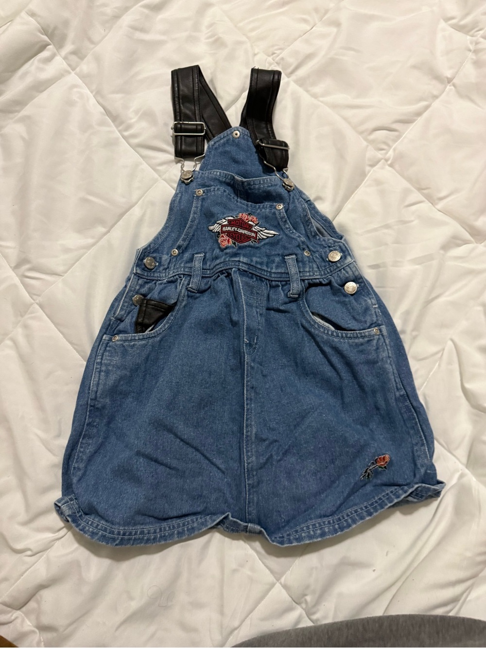 Harley-Davidson Denim Short Overalls with Black Straps and Red Patch